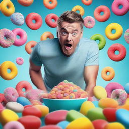 A digital art piece depicting a man determinedly pushing away a table full of sugary treats