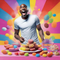 A digital art piece depicting a man determinedly pushing away a table full of sugary treats