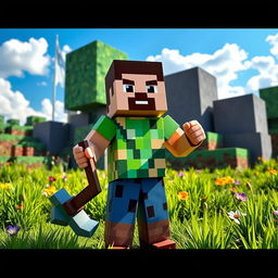 A Minecraft player in the real world, wearing a blocky, pixelated costume inspired by the game's iconic character, with a large pickaxe in hand