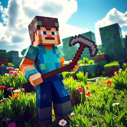 A Minecraft player in the real world, wearing a blocky, pixelated costume inspired by the game's iconic character, with a large pickaxe in hand