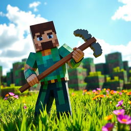 A Minecraft player in the real world, wearing a blocky, pixelated costume inspired by the game's iconic character, with a large pickaxe in hand