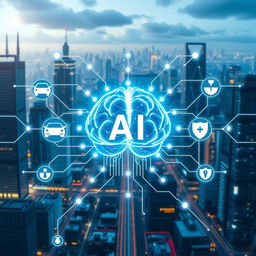 A stunning futuristic cityscape serves as the backdrop, depicting a modern and advanced era characterized by artificial intelligence and technology