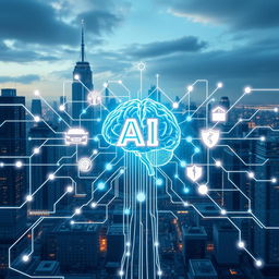 A stunning futuristic cityscape serves as the backdrop, depicting a modern and advanced era characterized by artificial intelligence and technology