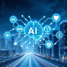 A stunning futuristic cityscape serves as the backdrop, depicting a modern and advanced era characterized by artificial intelligence and technology