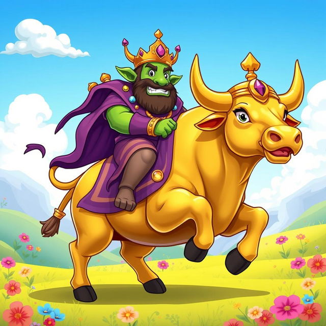 A cartoon-style illustration of King Wart, also known as Mamu, riding a majestic golden bull