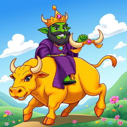 A cartoon-style illustration of King Wart, also known as Mamu, riding a majestic golden bull