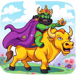 A cartoon-style illustration of King Wart, also known as Mamu, riding a majestic golden bull