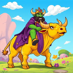 A cartoon-style illustration of King Wart, also known as Mamu, riding a majestic golden bull