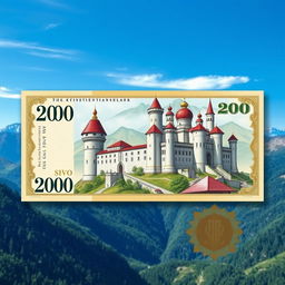 A highly detailed 200-dollar bill featuring the intricate design of Khevsuretian castles, set against a dramatic landscape