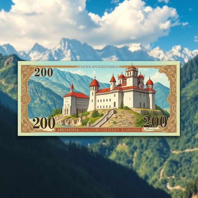 A highly detailed 200-dollar bill featuring the intricate design of Khevsuretian castles, set against a dramatic landscape