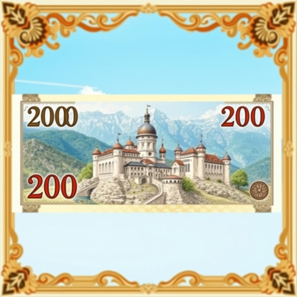 A highly detailed 200-dollar bill featuring the intricate design of Khevsuretian castles, set against a dramatic landscape