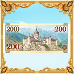 A highly detailed 200-dollar bill featuring the intricate design of Khevsuretian castles, set against a dramatic landscape