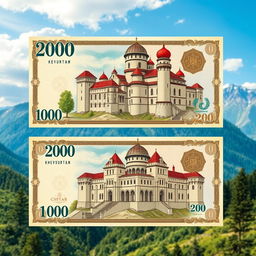 A highly detailed 200-dollar bill featuring the intricate design of Khevsuretian castles, set against a dramatic landscape