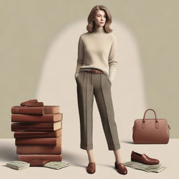 A high-quality digital art image showcasing a casual, old money outfit for women