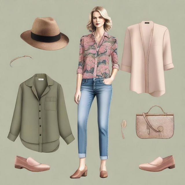 This is a high-quality digital art image featuring a modern, casual, old money outfit for women