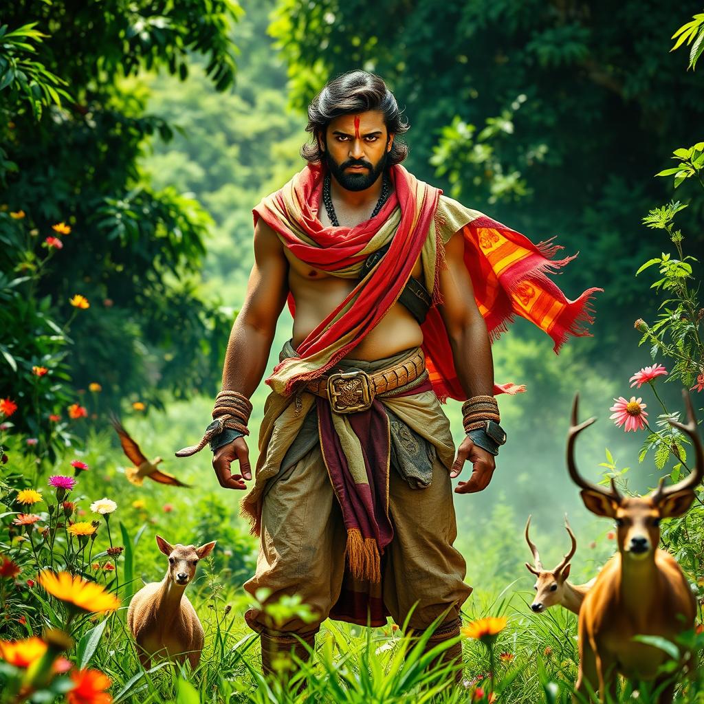 A dynamic scene of a powerful, heroic figure standing tall amidst a lush green landscape typical of rural India