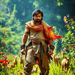 A dynamic scene of a powerful, heroic figure standing tall amidst a lush green landscape typical of rural India