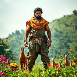 A dynamic scene of a powerful, heroic figure standing tall amidst a lush green landscape typical of rural India