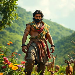 A dynamic scene of a powerful, heroic figure standing tall amidst a lush green landscape typical of rural India