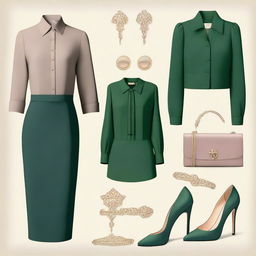 A high-quality digital art image displaying a semi-formal, old money outfit for women