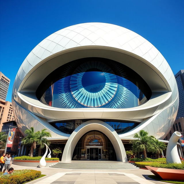 A modern architectural building designed with the concept of an eye, featuring a large, circular facade that mimics the iris and pupil of an eye