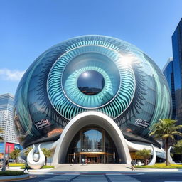 A modern architectural building designed with the concept of an eye, featuring a large, circular facade that mimics the iris and pupil of an eye