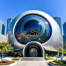 A modern architectural building designed with the concept of an eye, featuring a large, circular facade that mimics the iris and pupil of an eye