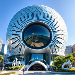A modern architectural building designed with the concept of an eye, featuring a large, circular facade that mimics the iris and pupil of an eye
