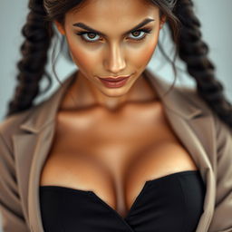 A stunning 25-year-old female professor, boldly facing the camera with a provocative expression