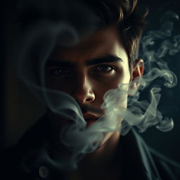 A close-up portrait of a young man with a confident expression, exhaling thick, wispy smoke from his mouth