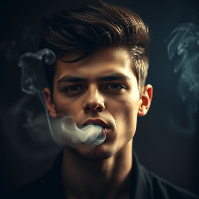 A close-up portrait of a young man with a confident expression, exhaling thick, wispy smoke from his mouth