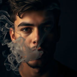 A close-up portrait of a young man with a confident expression, exhaling thick, wispy smoke from his mouth