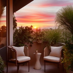 A serene balcony adorned with an array of potted plants, a small round table, two comfortable chairs, and enjoying a view of a soft sunset