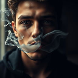 A close-up portrait of a young man with a confident expression, exhaling thick, wispy smoke from his mouth