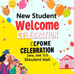 A vibrant and welcoming poster for a program titled 'New Student Welcome Celebration', scheduled for 11 AM at the Student Hall