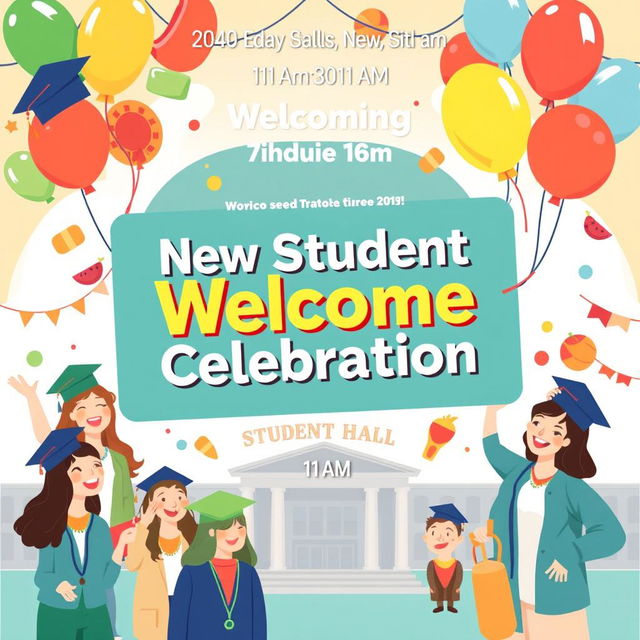 A vibrant and welcoming poster for a program titled 'New Student Welcome Celebration', scheduled for 11 AM at the Student Hall