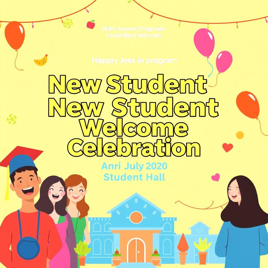 A vibrant and welcoming poster for a program titled 'New Student Welcome Celebration', scheduled for 11 AM at the Student Hall