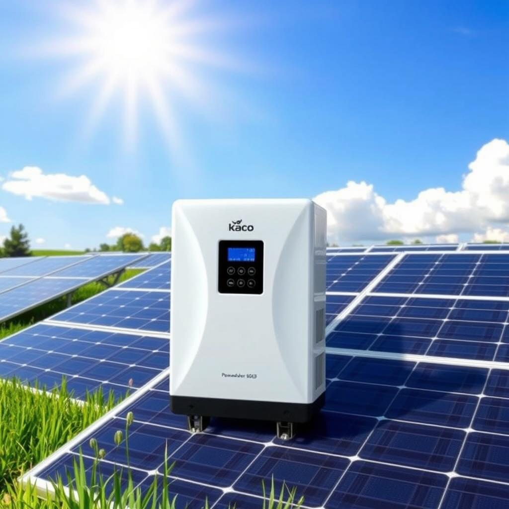 A sleek and modern Kaco Powador 6600 single phase solar inverter positioned in a sunny outdoor environment, surrounded by solar panels soaking up sunlight