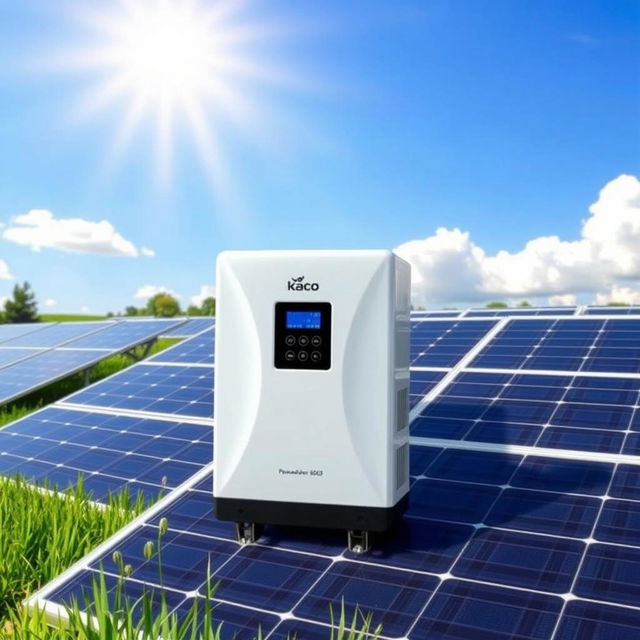 A sleek and modern Kaco Powador 6600 single phase solar inverter positioned in a sunny outdoor environment, surrounded by solar panels soaking up sunlight