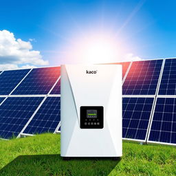 A sleek and modern Kaco Powador 6600 single phase solar inverter positioned in a sunny outdoor environment, surrounded by solar panels soaking up sunlight