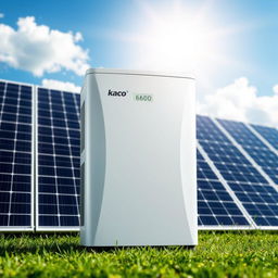 A sleek and modern Kaco Powador 6600 single phase solar inverter positioned in a sunny outdoor environment, surrounded by solar panels soaking up sunlight