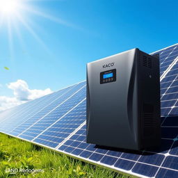 A sleek and modern Kaco Powador 6600 single phase solar inverter positioned in a sunny outdoor environment, surrounded by solar panels soaking up sunlight