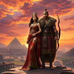 A grand and mythological scene depicting Semiramis, the legendary queen of Babylon, standing majestically beside Nimrod, the famous hunter and ruler