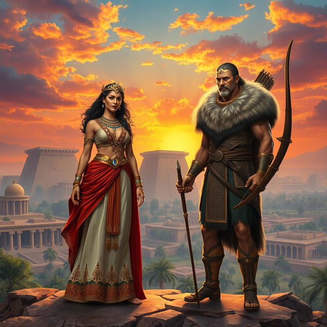 A grand and mythological scene depicting Semiramis, the legendary queen of Babylon, standing majestically beside Nimrod, the famous hunter and ruler