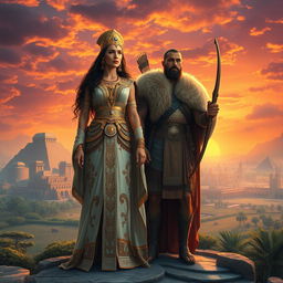 A grand and mythological scene depicting Semiramis, the legendary queen of Babylon, standing majestically beside Nimrod, the famous hunter and ruler