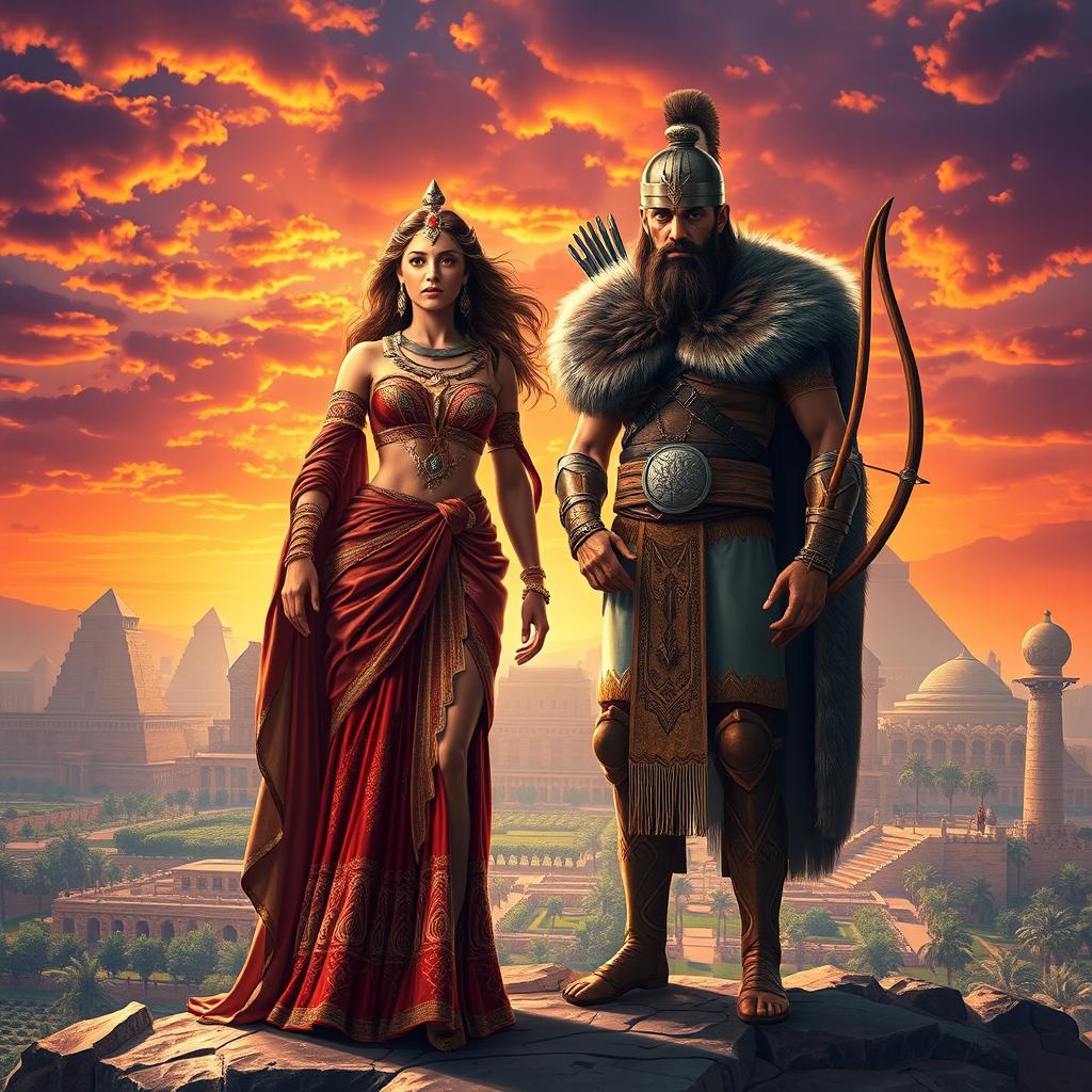 A grand and mythological scene depicting Semiramis, the legendary queen of Babylon, standing majestically beside Nimrod, the famous hunter and ruler