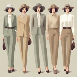 A high-quality digital art image displaying a collection of old money outfits for women