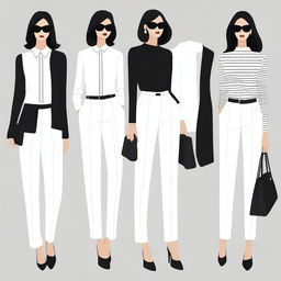 This is a high-quality digital art image featuring a collection of simple, modern outfits for women with a black and white theme