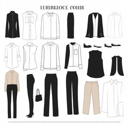 This is a high-quality digital art image featuring a collection of simple, modern outfits for women with a black and white theme