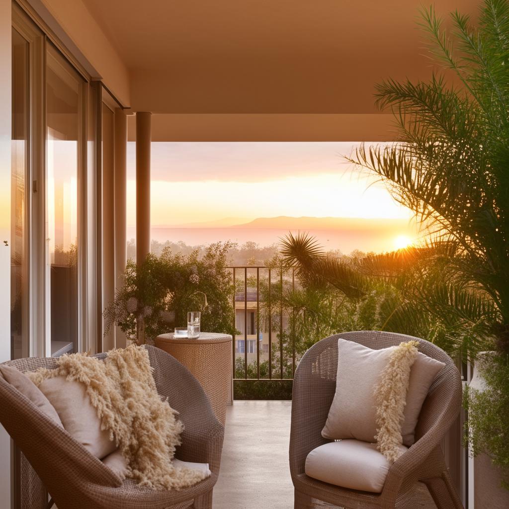 A serene balcony adorned with an array of potted plants, a small round table, two comfortable chairs, and enjoying a view of a soft sunset